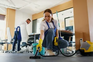 woman cleaning crew cleaning the room